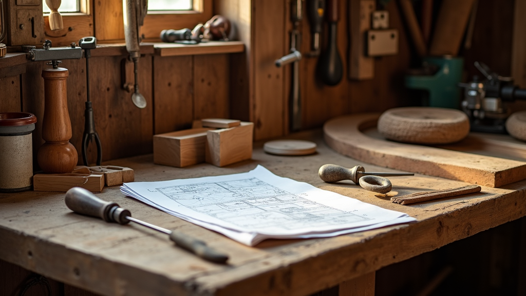 Woodworking hand tools, printed plans, and wood scraps on a workbench