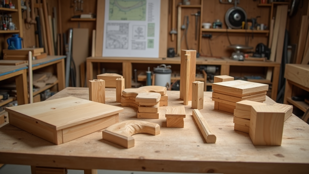 Workbench with various beginner and advanced woodworking project plans laid out, surrounded by hand tools and wood shavings